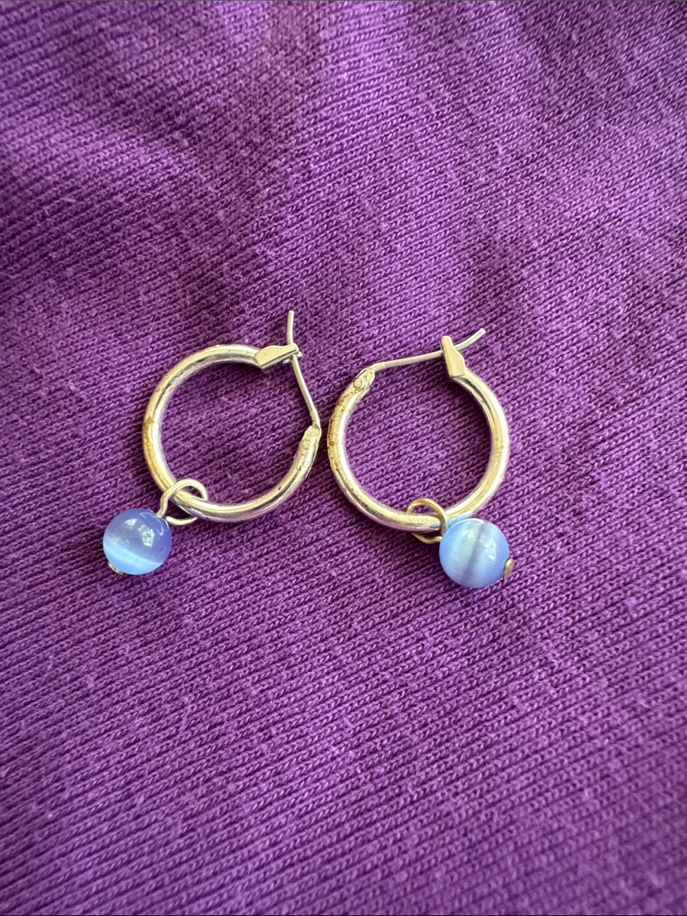 Gold Hoop Earrings with Light Blue Bead Charm - Women Jewelry
